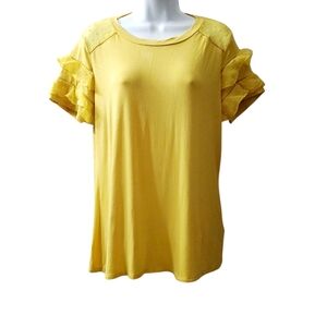 Signature Studio Womens Yellow Shortsleeve Ruffled Dressy Blouse